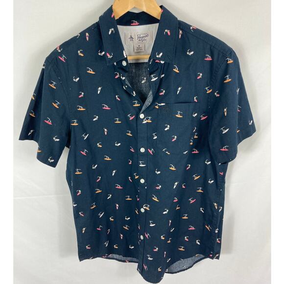 Penguin Mens Button Up Surfer Graphic Shirt Size Medium - Picture 1 of 5